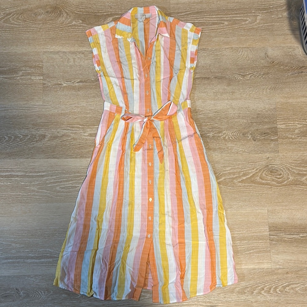LOFT Striped Midi Dress - Orange, Pink, White